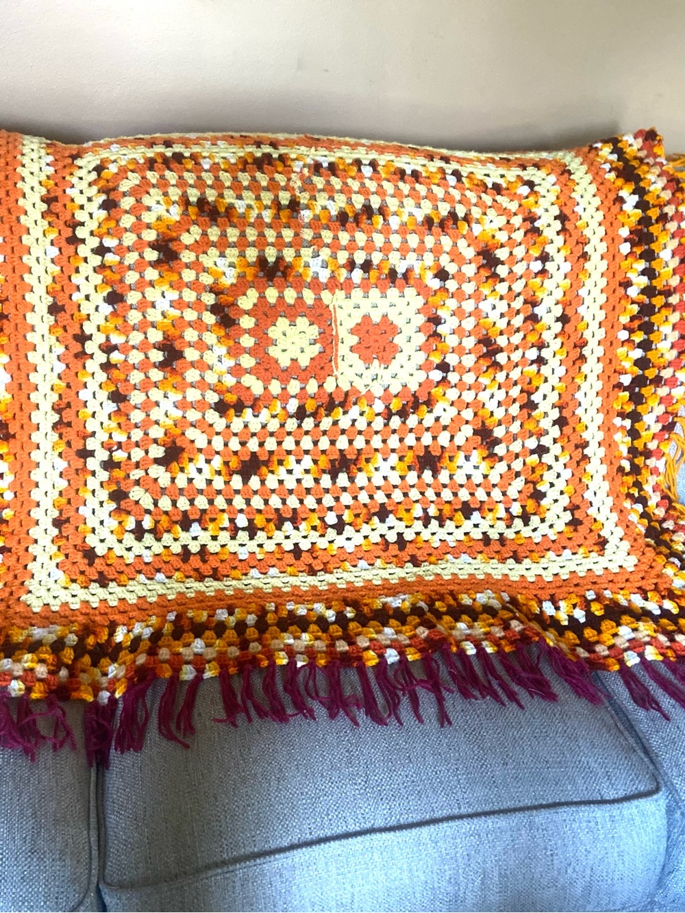 Handmade Multi-Color Crochet Throw Blanket - Orange, Cream & Brown
